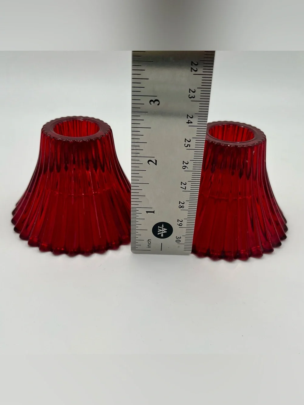 Vintage Red Glass Ribbed Taper Candle Holders - Set of 2